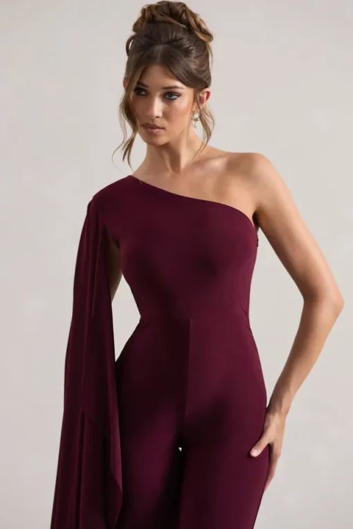 Julie | Plum Asymmetric Flared-Leg Jumpsuit With Cape Sleeve