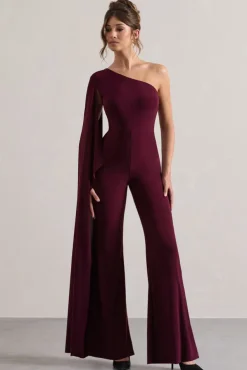 Julie | Plum Asymmetric Flared-Leg Jumpsuit With Cape Sleeve