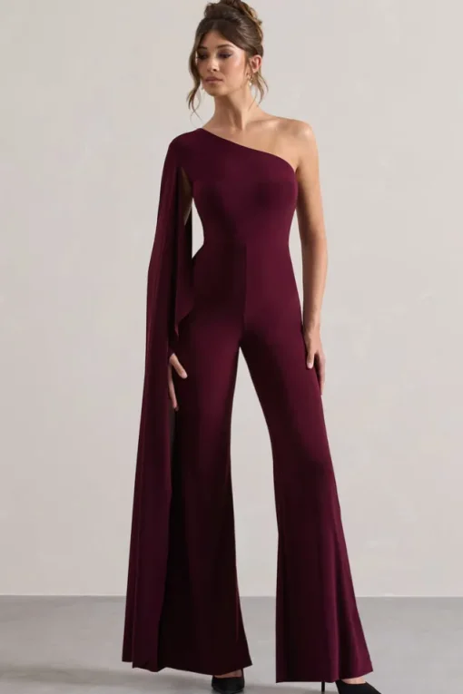 Julie | Plum Asymmetric Flared-Leg Jumpsuit With Cape Sleeve