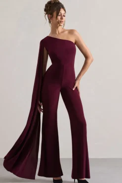 Julie | Plum Asymmetric Flared-Leg Jumpsuit With Cape Sleeve