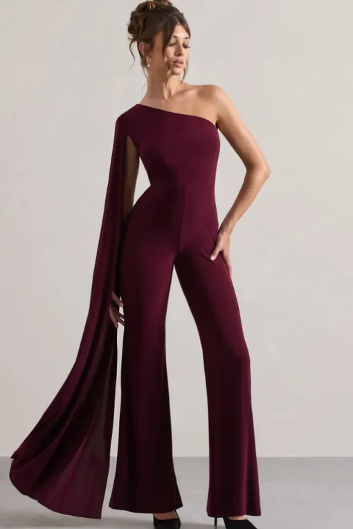 Julie | Plum Asymmetric Flared-Leg Jumpsuit With Cape Sleeve