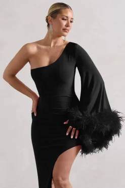 July | Black Asymmetric One Shoulder Cape Midi Dress With Feathers