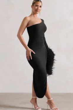 July | Black Asymmetric One Shoulder Cape Midi Dress With Feathers