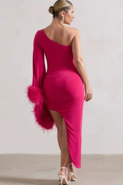 July | Dark Pink Asymmetric One Shoulder Cape Midi Dress With Feathers