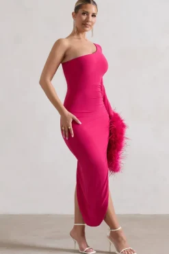 July | Dark Pink Asymmetric One Shoulder Cape Midi Dress With Feathers