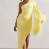 July | Lemon Asymmetric One Shoulder Cape Midi Dress With Feathers