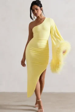 July | Lemon Asymmetric One Shoulder Cape Midi Dress With Feathers