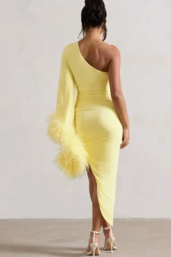 July | Lemon Asymmetric One Shoulder Cape Midi Dress With Feathers