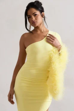 July | Lemon Asymmetric One Shoulder Cape Midi Dress With Feathers