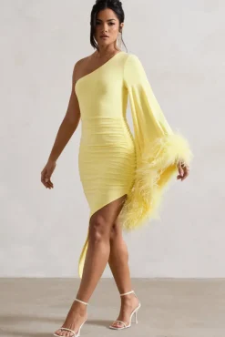 July | Lemon Asymmetric One Shoulder Cape Midi Dress With Feathers
