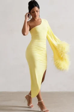 July | Lemon Asymmetric One Shoulder Cape Midi Dress With Feathers