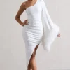 July | White Asymmetric One Shoulder Cape Midi Dress With Feathers