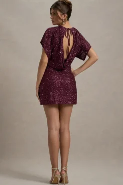 Juno | Berry Sequin Short-Sleeve Cowl-Back Mini Dress