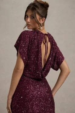 Juno | Berry Sequin Short-Sleeve Cowl-Back Mini Dress