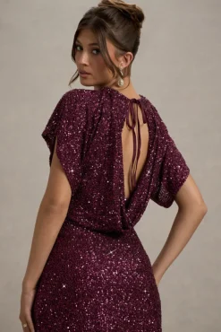 Juno | Berry Sequin Short-Sleeve Cowl-Back Mini Dress