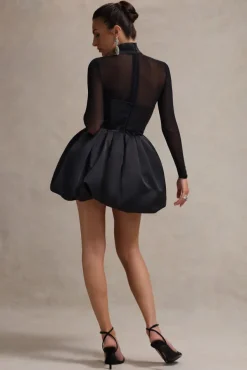Jupiter | Black Satin High-Neck Mini Dress With Sheer Sleeves