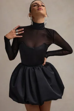 Jupiter | Black Satin High-Neck Mini Dress With Sheer Sleeves