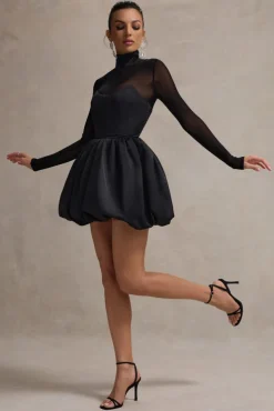 Jupiter | Black Satin High-Neck Mini Dress With Sheer Sleeves