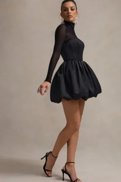 Jupiter | Black Satin High-Neck Mini Dress With Sheer Sleeves
