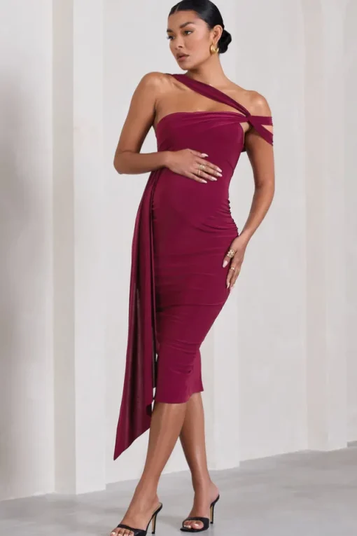 Just Wait | Berry Asymmetric Strappy Maternity Midi Dress With Drape