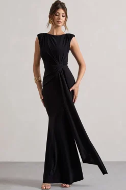 Kadie | Black Sleeveless Gathered Maxi Dress With Drape