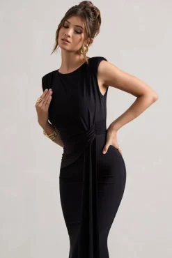 Kadie | Black Sleeveless Gathered Maxi Dress With Drape