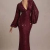 Kaelin | Berry Sequin Plunge-Neck Maxi Dress