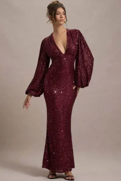 Kaelin | Berry Sequin Plunge-Neck Maxi Dress