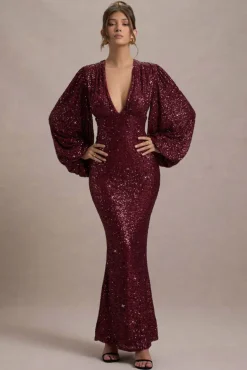 Kaelin | Berry Sequin Plunge-Neck Maxi Dress