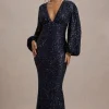 Kaelin | Navy Sequin Plunge-Neck Maxi Dress