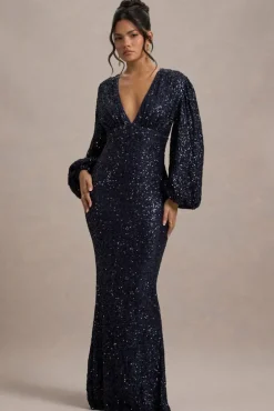 Kaelin | Navy Sequin Plunge-Neck Maxi Dress