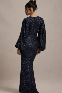 Kaelin | Navy Sequin Plunge-Neck Maxi Dress