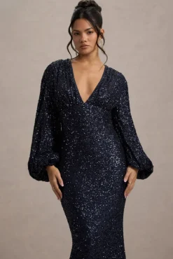 Kaelin | Navy Sequin Plunge-Neck Maxi Dress