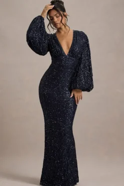 Kaelin | Navy Sequin Plunge-Neck Maxi Dress