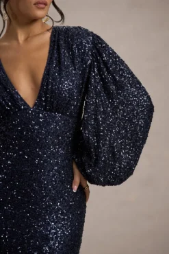 Kaelin | Navy Sequin Plunge-Neck Maxi Dress