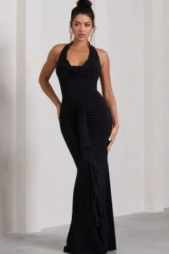 Kaia | Black Ruched Cowl-Neck Maxi Dress With Drape