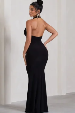 Kaia | Black Ruched Cowl-Neck Maxi Dress With Drape