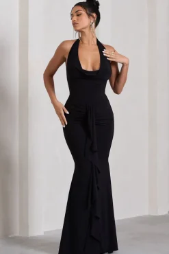Kaia | Black Ruched Cowl-Neck Maxi Dress With Drape