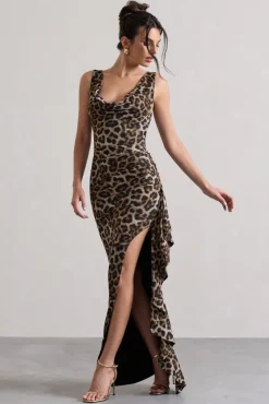 Kaida | Leopard Print Cowl-Neck Ruffled Split Maxi Dress