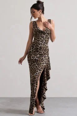 Kaida | Leopard Print Cowl-Neck Ruffled Split Maxi Dress