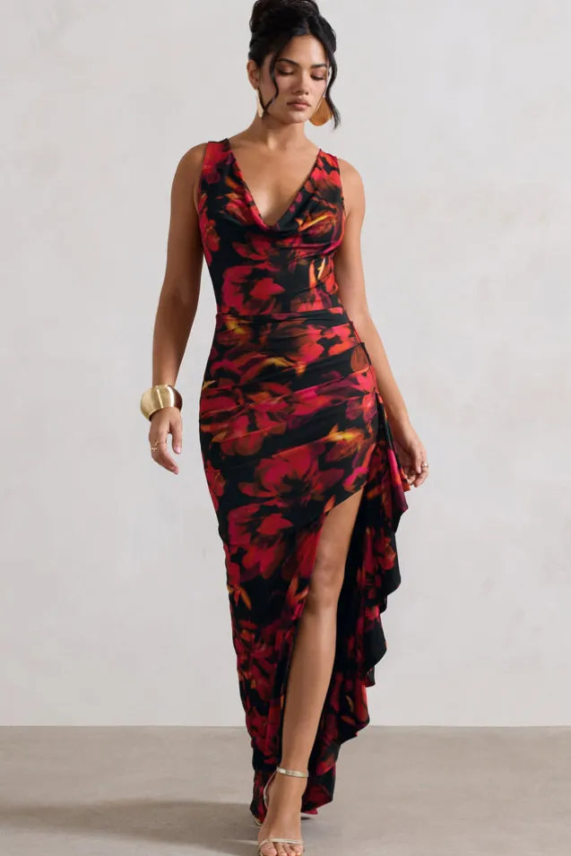 Kaida | Red Floral Print Cowl-Neck Ruffled Split Maxi Dress