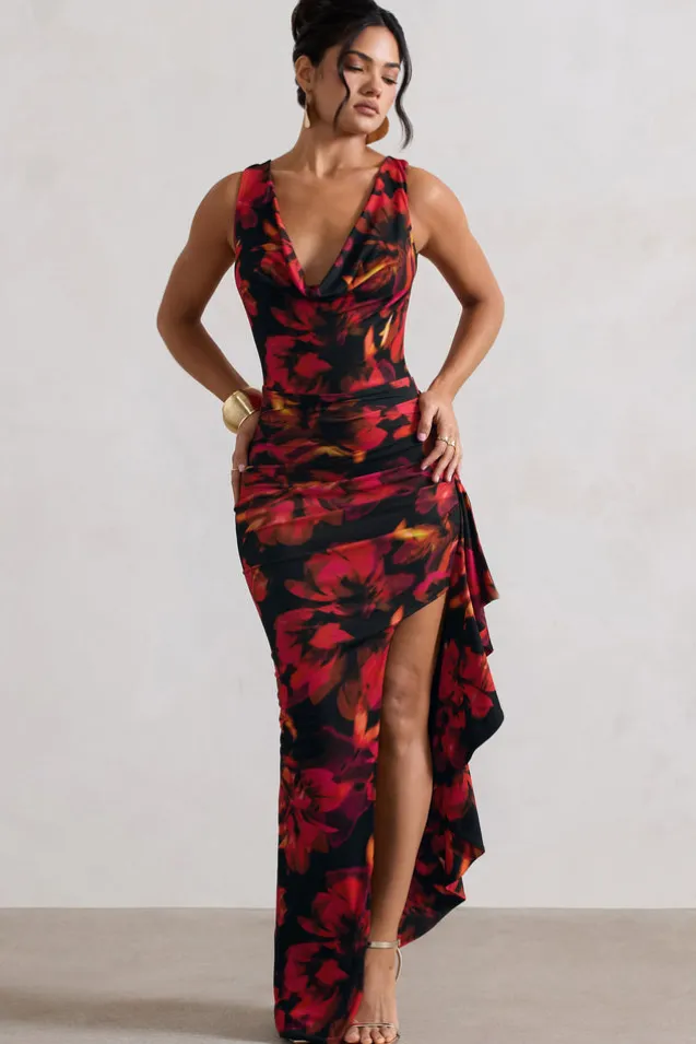 Kaida | Red Floral Print Cowl-Neck Ruffled Split Maxi Dress