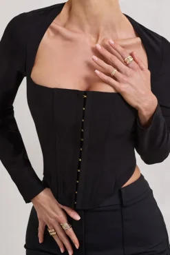 Kailey | Black Square-Neck Long-Sleeve Corset Top