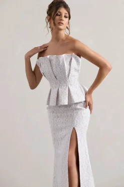 Kaleido | White Lace Strapless Ruffled Split Maxi Dress