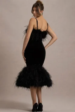 Kalena | Black Velvet Feather Trim Midi Dress