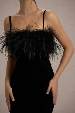 Kalena | Black Velvet Feather Trim Midi Dress