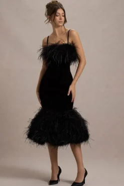 Kalena | Black Velvet Feather Trim Midi Dress