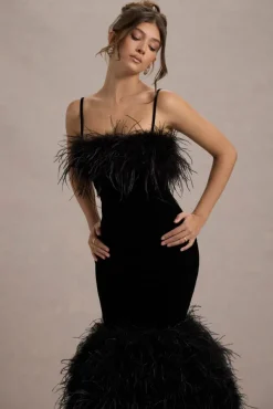 Kalena | Black Velvet Feather Trim Midi Dress