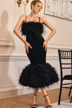 Kalena | Black Velvet Feather Trim Midi Dress