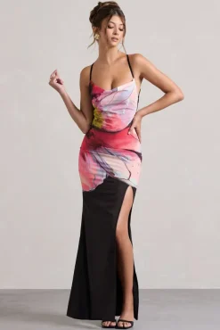 Kali | Black Floral Print Cowl-Neck Open-Back Split Maxi Dress